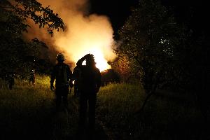 Bild: Ein Heuhaufen brannte hinter einer Hecke an der Zufahrt zum Marienhof