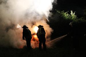 Bild: Ein Heuhaufen brannte hinter einer Hecke an der Zufahrt zum Marienhof